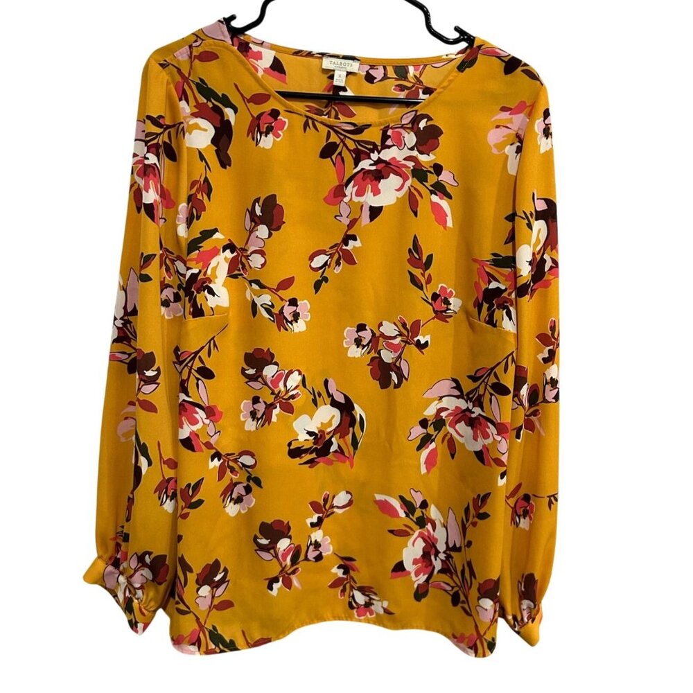 Talbots Plus Yellow Floral Print Long Balloon Sleeve Blouse Sz X